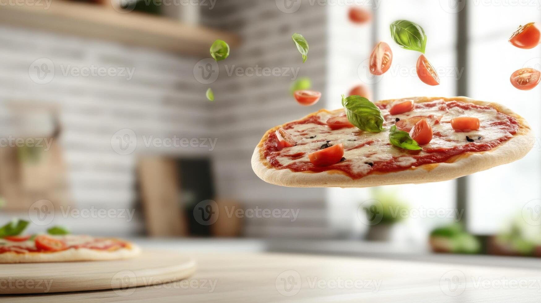 Pizza levitating over wood in the kitchen with tomatoes and basil falling. Culinary use photo