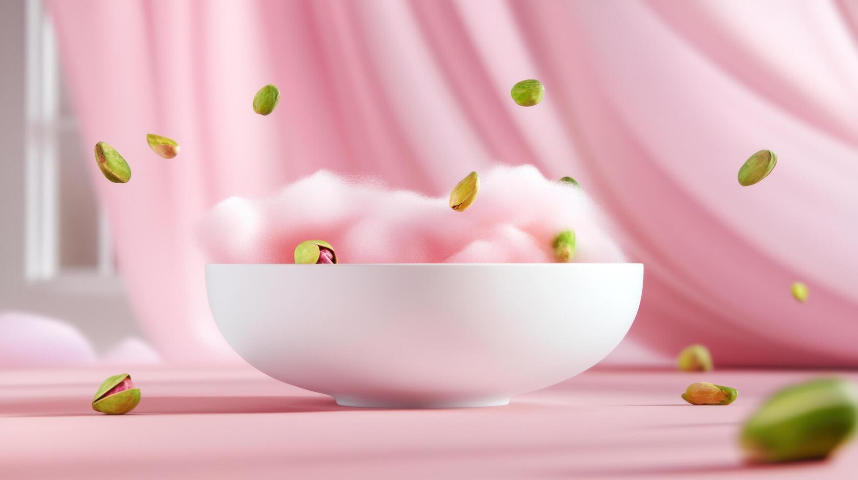Pistachios falling into a bowl, cloud background, product shot for snack food ad use photo