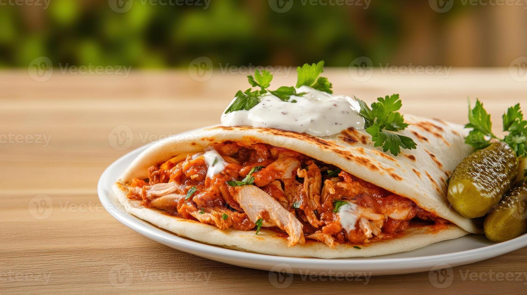 Pita wrap with meat, sauce, parsley, and pickles served on a light wooden table for quick, convenient lunch photo