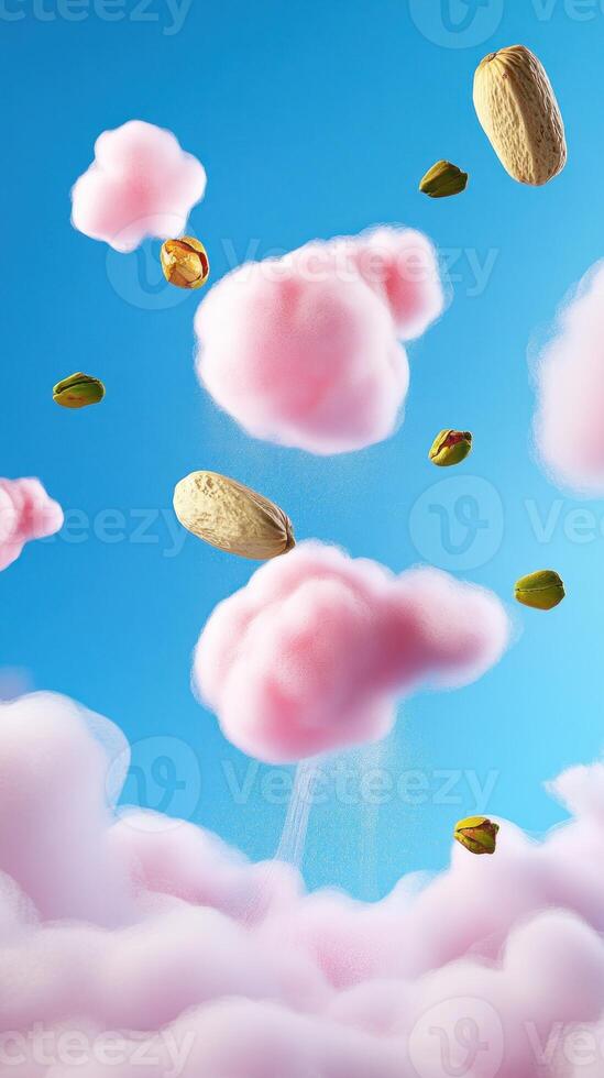 Pistachios floating in the sky with pink clouds. For a healthy snack commercial ad photo
