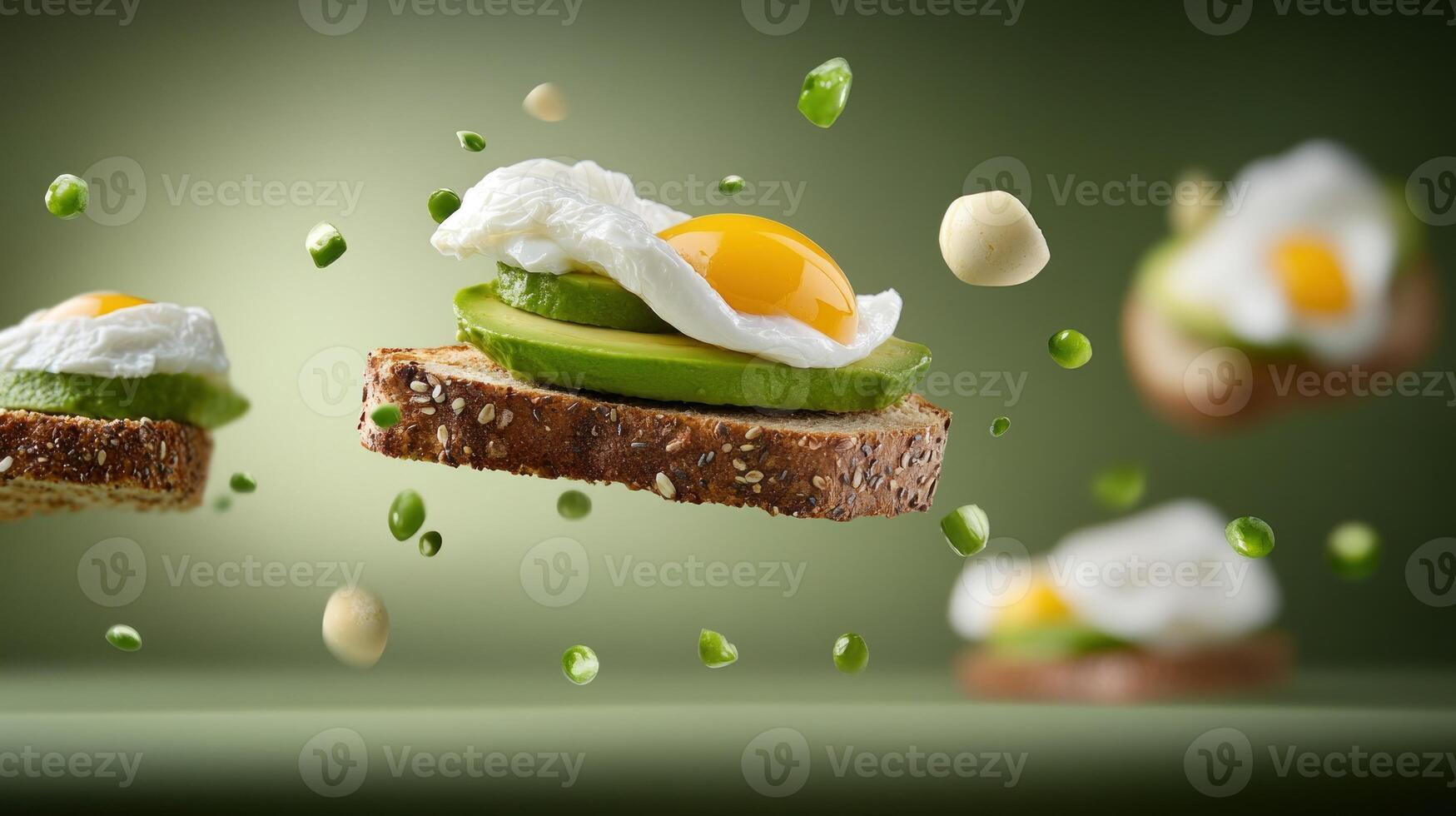 Poached egg with avocado on toast floating with peas, breakfast or lunch concept photo