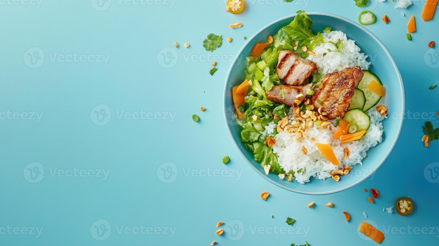 beef bowl with rice and veggies, on blue background. Delicious meal for restaurant menu ads photo