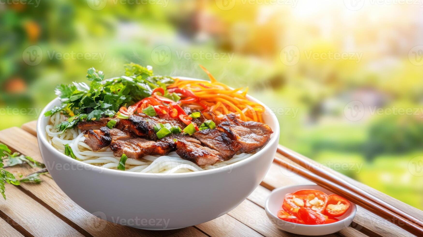 beef noodle dish with vegetables on table, garden background, possible use menu photo