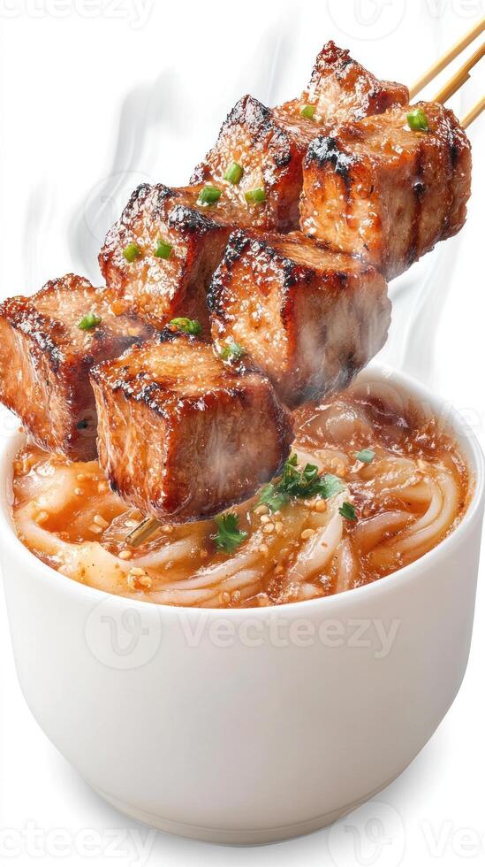 beef skewers over noodle bowl, a tempting meal choice, steam background. Food photography use photo