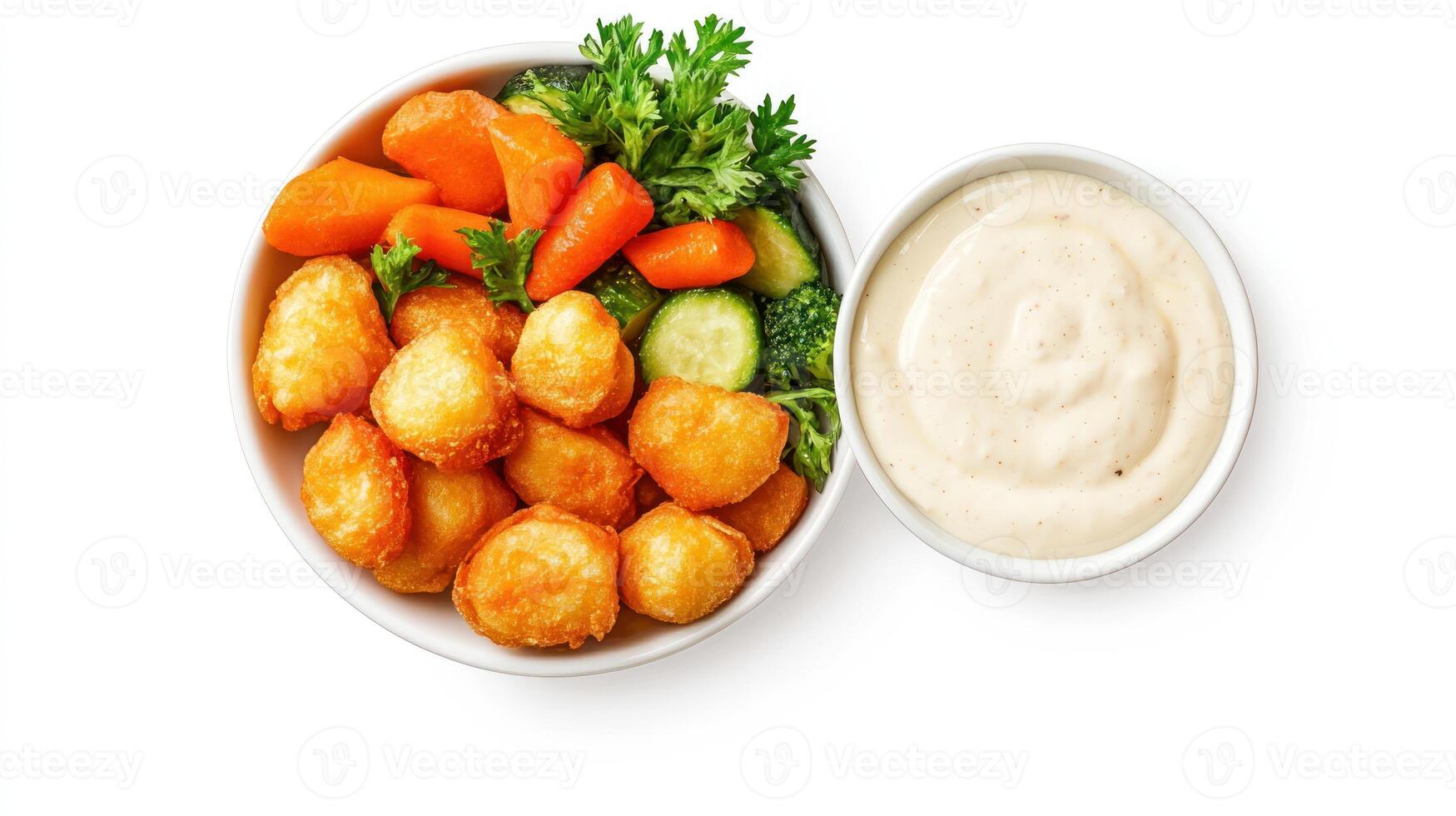 Potato balls with cooked vegetables and dip, overhead view for a healthy eating blog photo