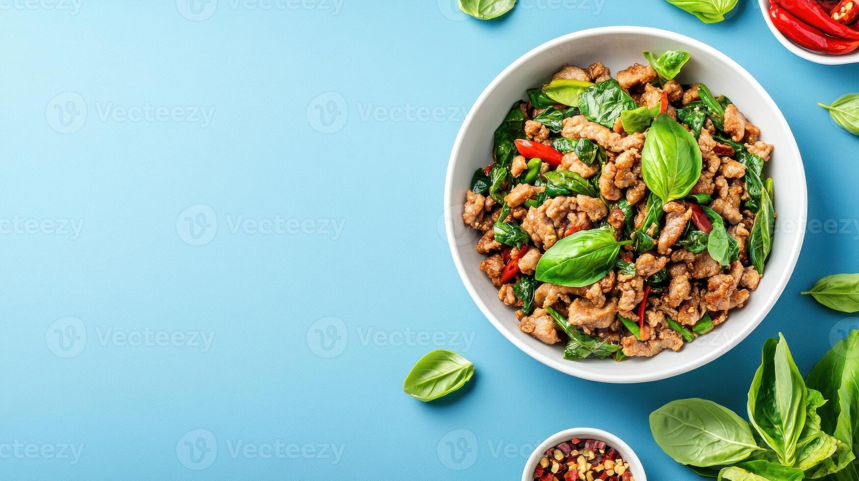 beef stir fry dish with holy basil on a blue table. Overhead shot for restaurant menu photo