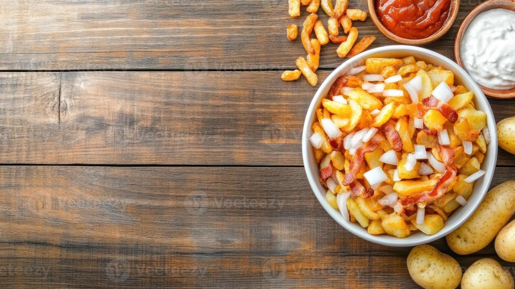 Potato and toppings in bowl. Ketchup and sauce beside. Flat lay. Preparing lunch photo