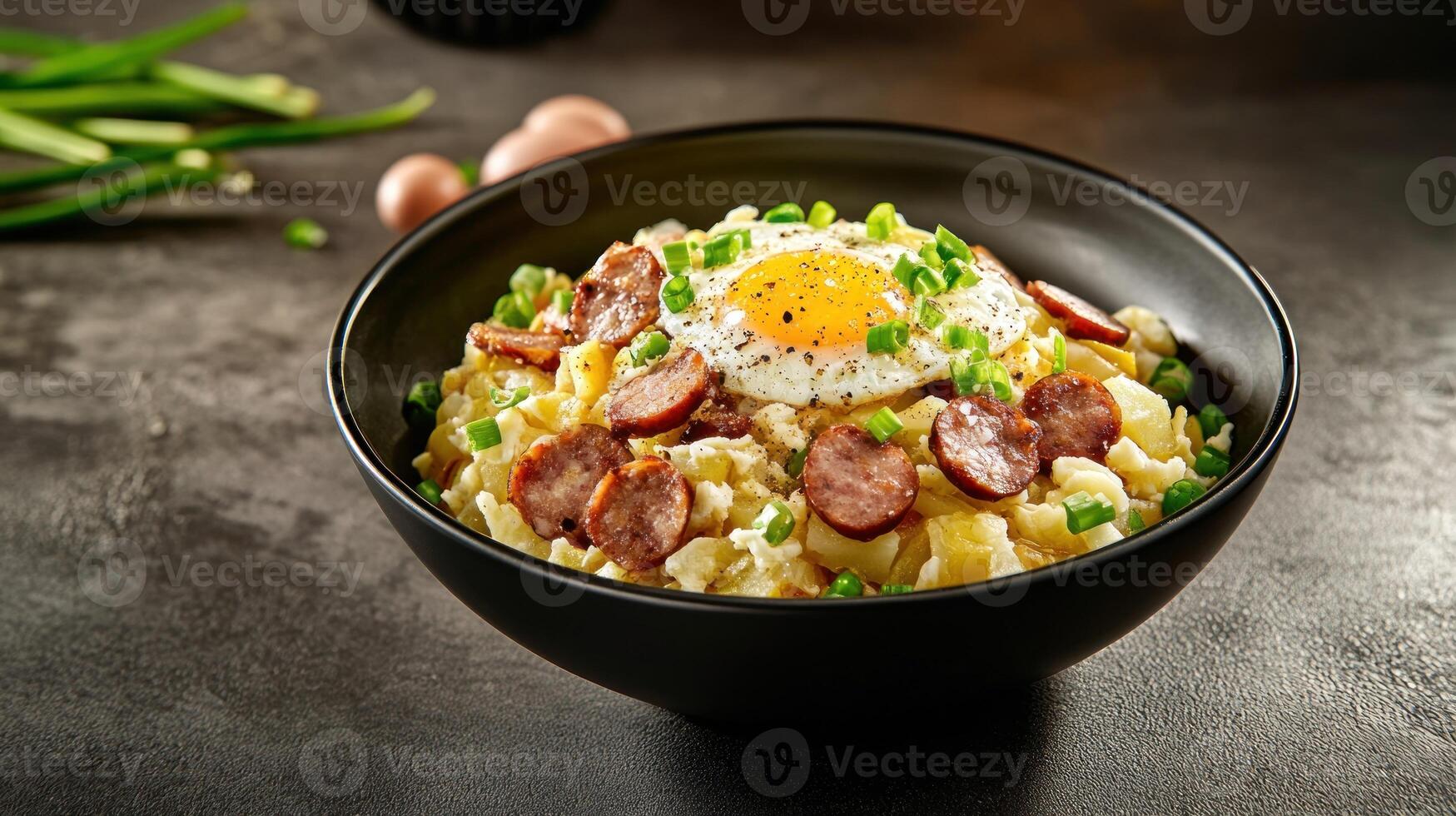 Potato hash in black bowl, sunny side up egg, scallions. Food photography, recipe concept photo