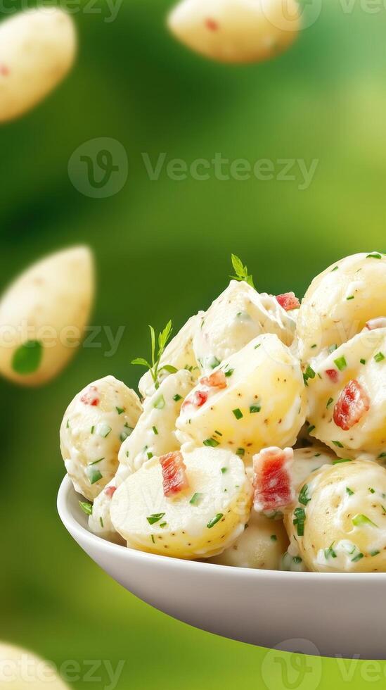 Potato salad on a white plate. Flying potatoes in the background. For food blogs photo