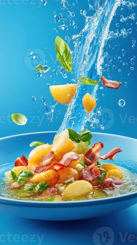 Potato salad, bacon and basil are falling into a blue bowl. Water splash background. Adscookbook photo
