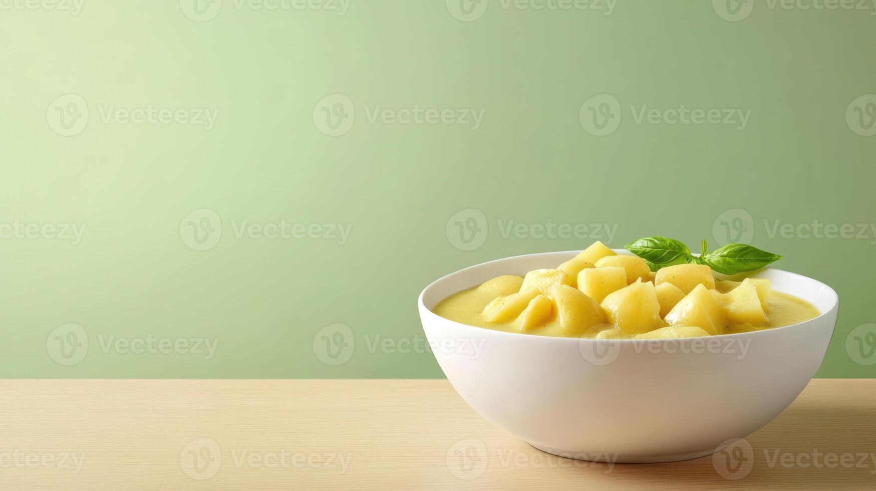Potato soup, in a white bowl, on a wooden surface, with a green wall. For food advertising or menu design photo