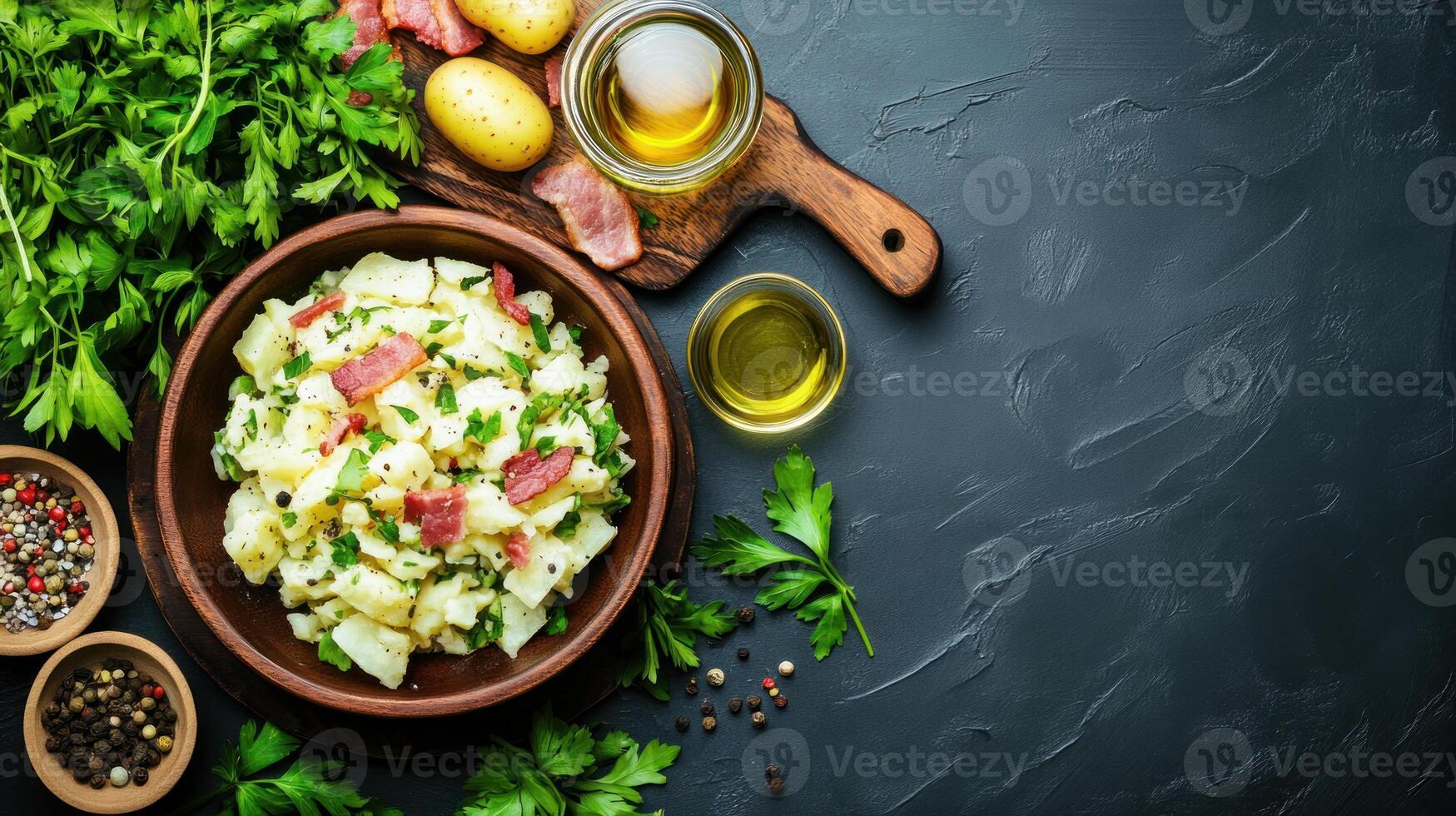 Potato salad with bacon and fresh parsley with oil and pepper photo