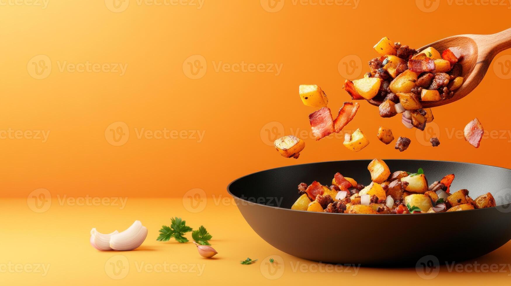 Potatoes and bacon being poured into a bowl from a wooden spoon, on orange background. For menus photo