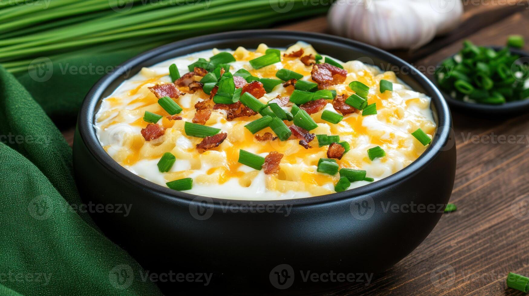 Potato soup with cheese, chives and bacon bits in a bowl for a warm lunch on wooden table photo