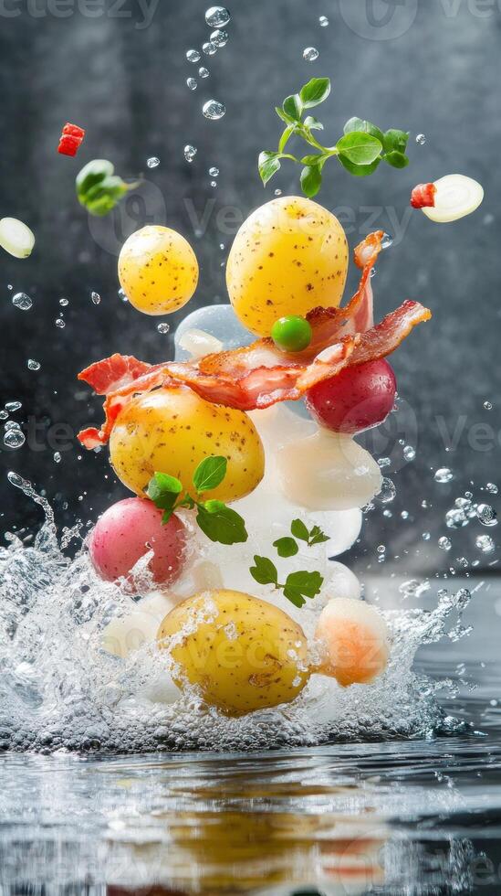Potatoes and bacon splash above surface. Red pepper and green herbs. Food concept photo