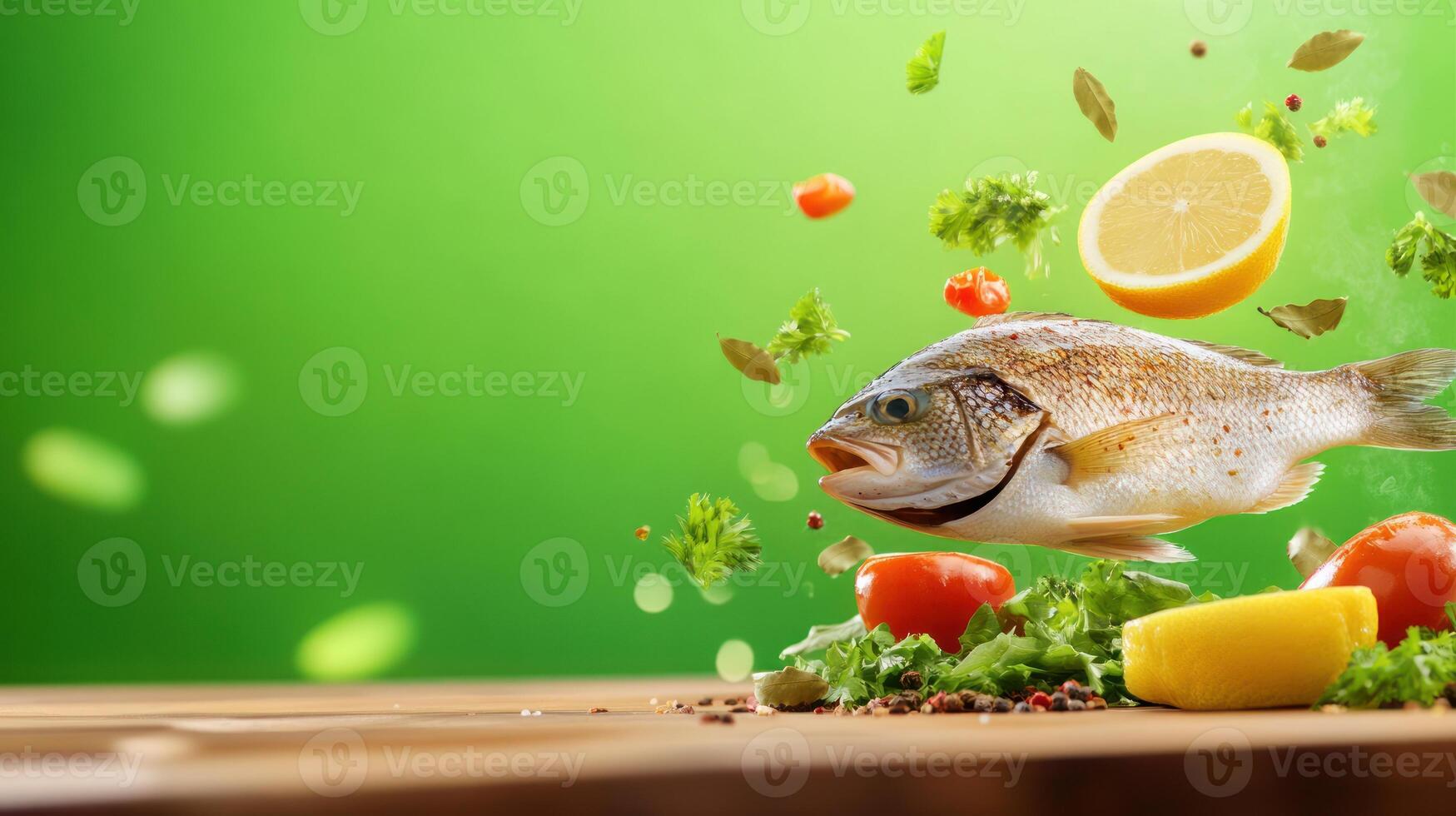 Prepared fish with lemon and lettuce flying. Food photography photo