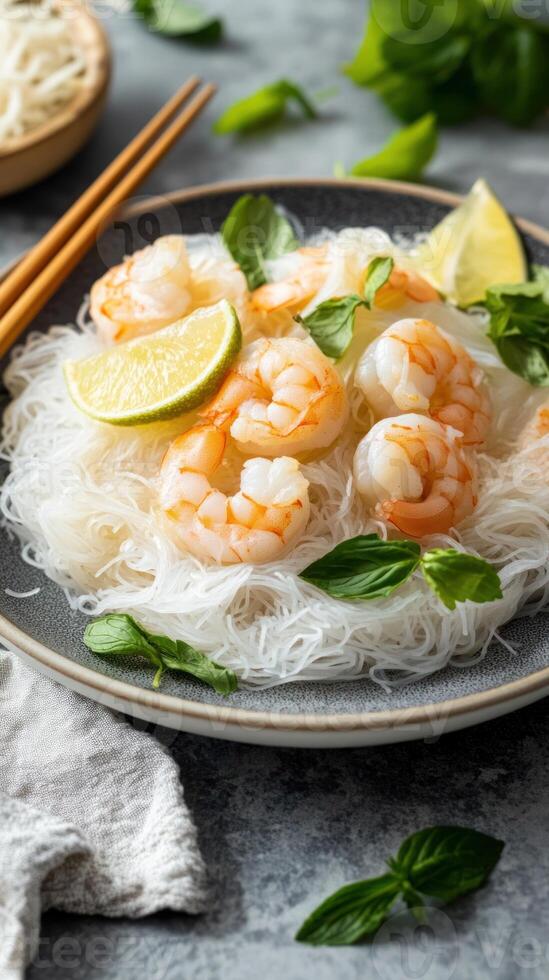 Prawns with rice noodles and lime slices, arranged on a dish for culinary use and healthy eating photo