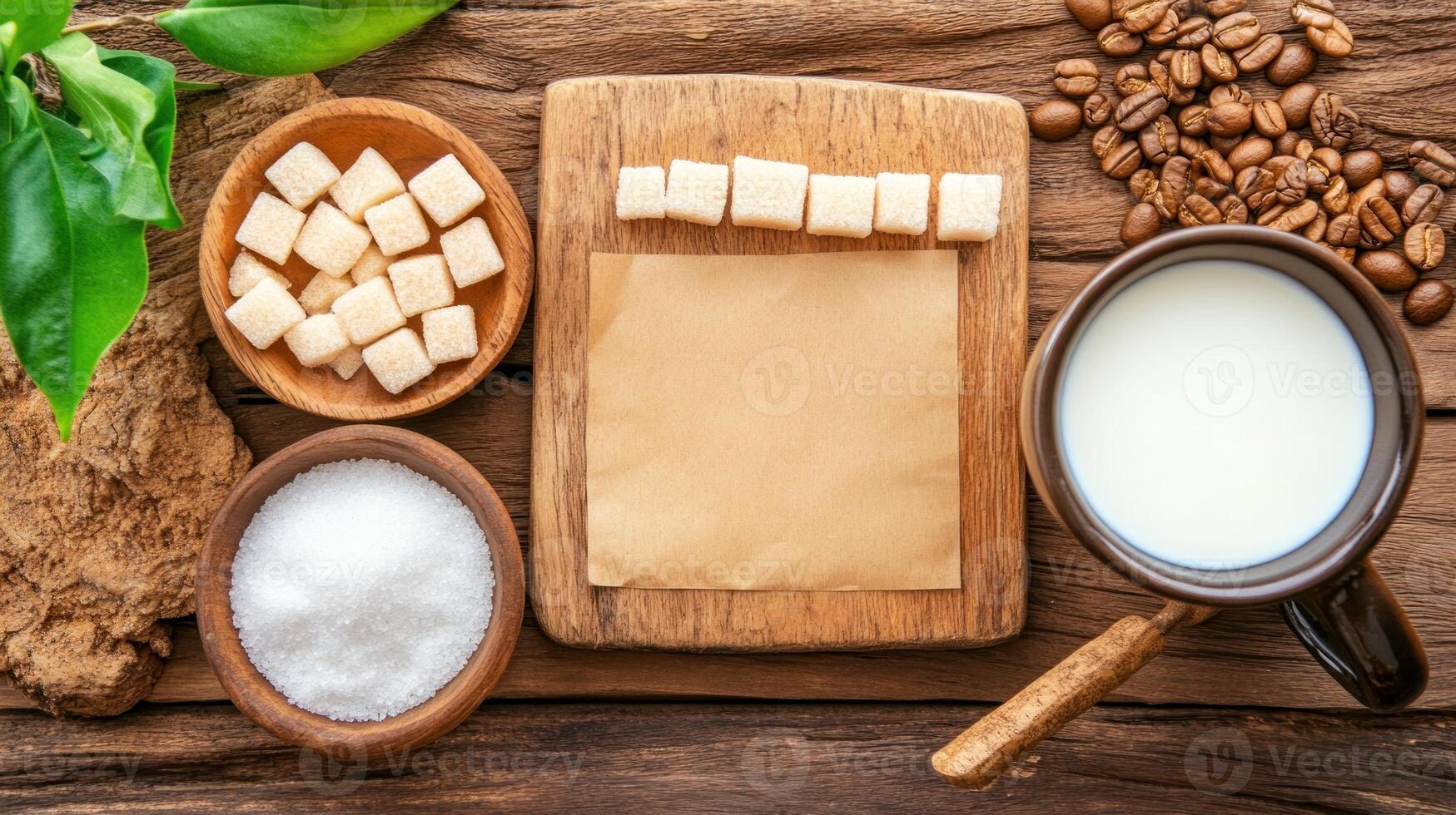 Preparing coffee ingredients on rustic wood. Empty paper for recipemenu or text insertion photo