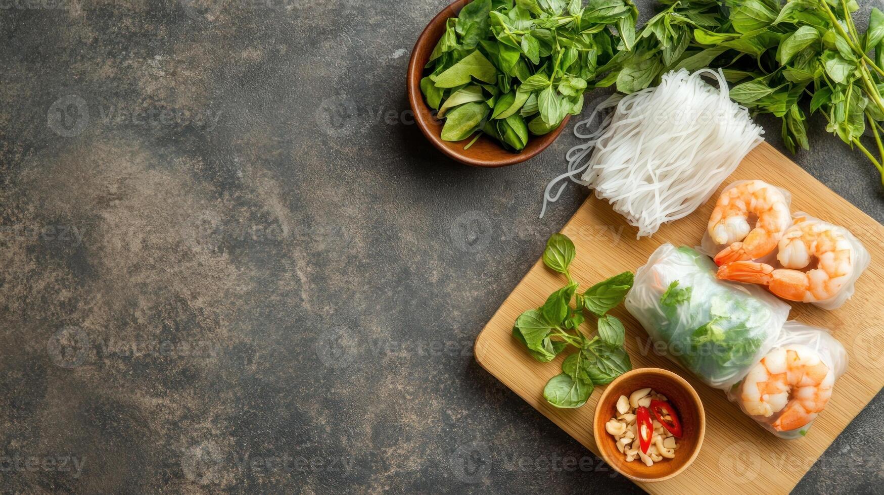 Preparing spring rolls with shrimp and herbs on a wooden board with brown background photo