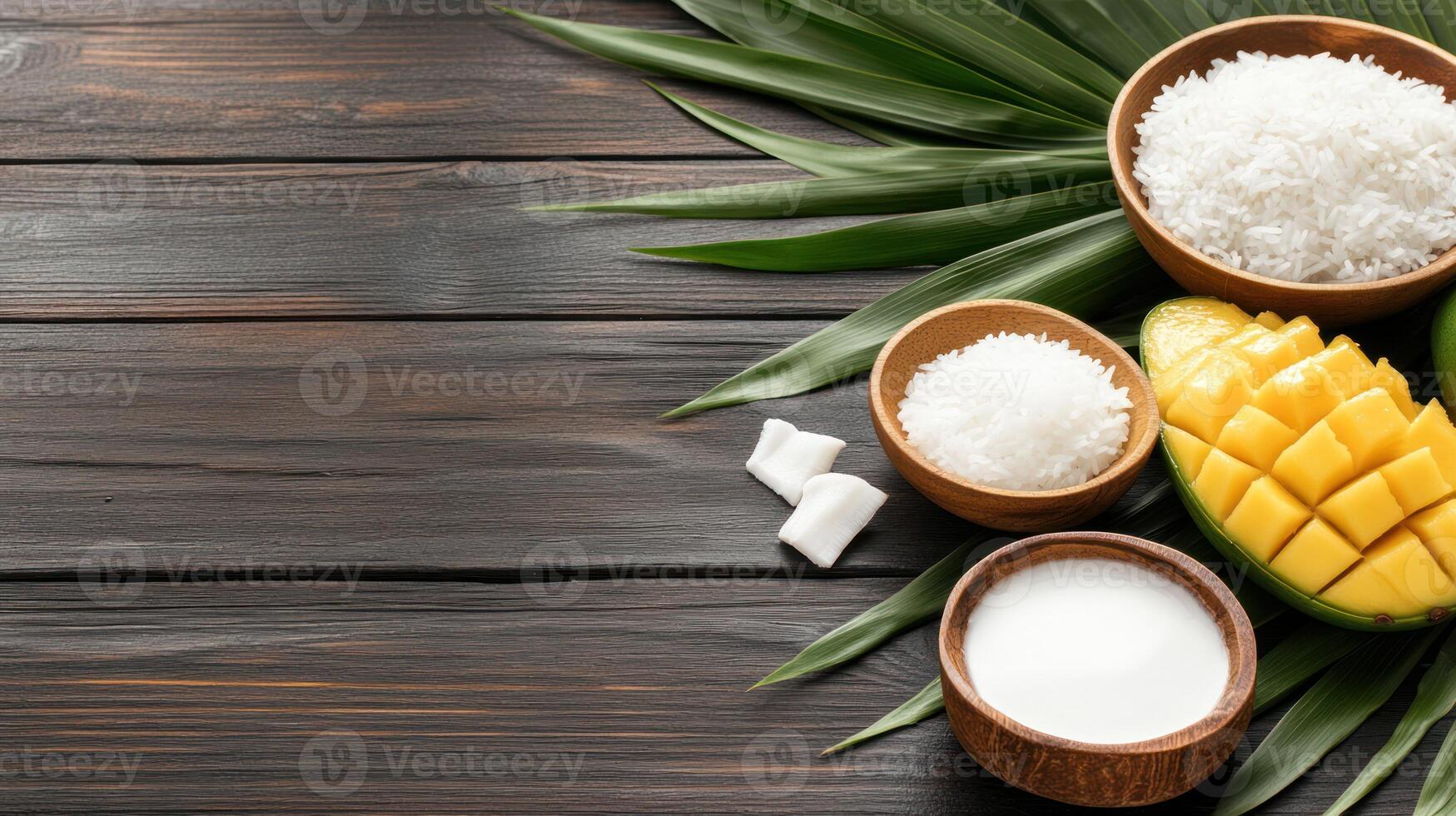 Preparing tropical desserts with mango coconut on a wooden table. Blog or recipe use photo