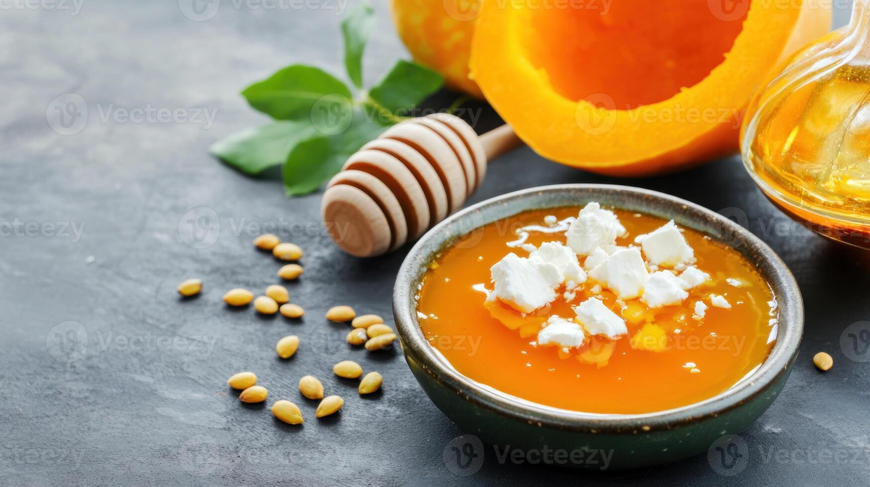 Pumpkin soup with cheese and pine nuts on a stone background for a healthy autumn dish photo