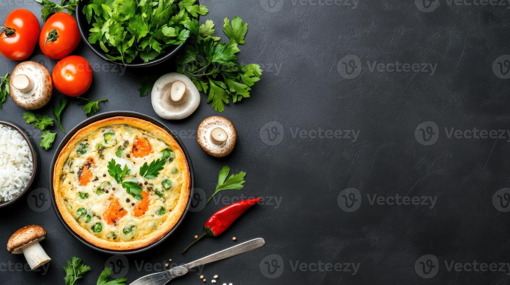 Quiche with salmon and herbs on a dark surface, flat lay food photography for a recipe concept photo