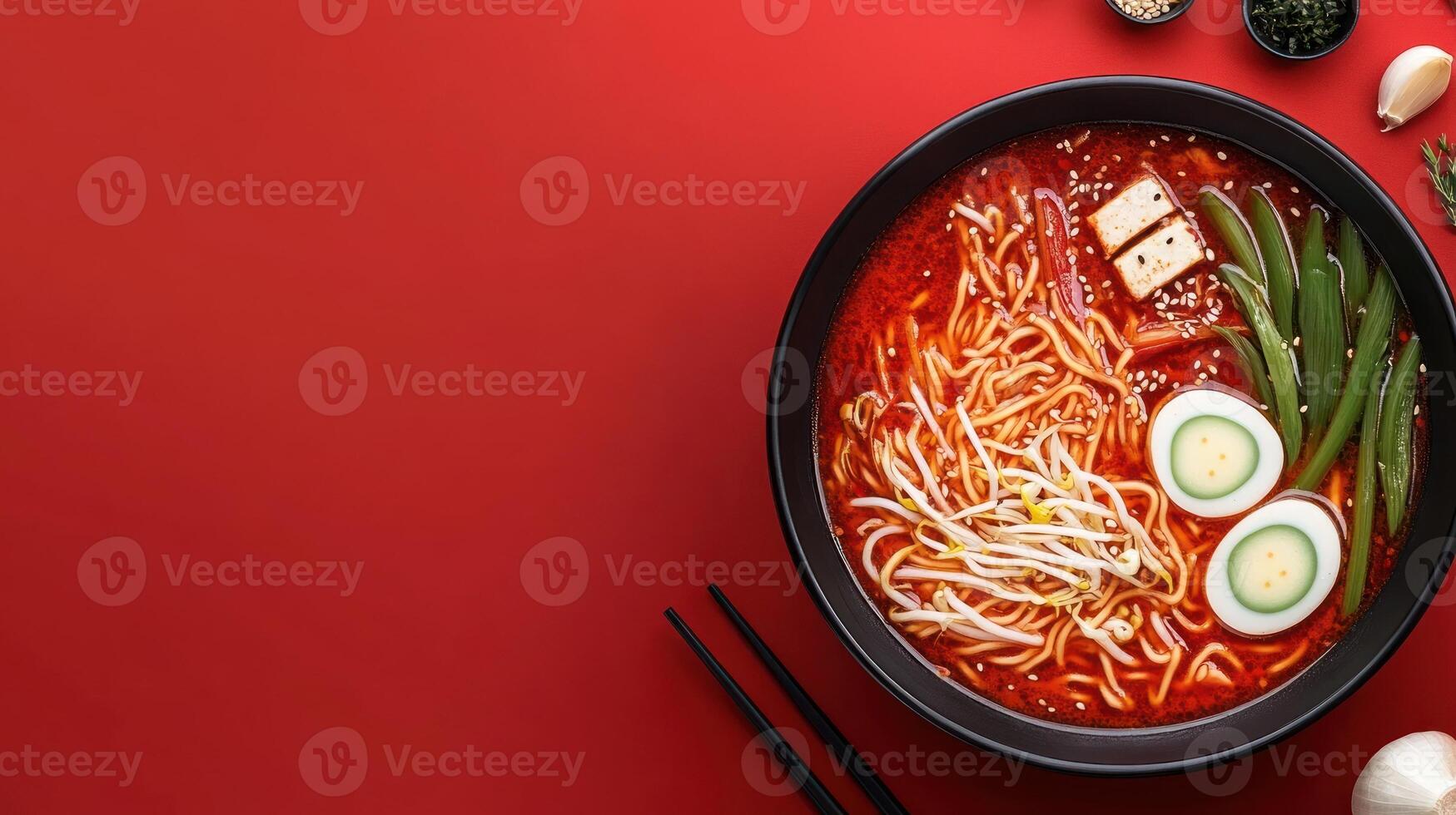 Ramen bowl meal noodles, egg, vegetables, and tofu on red background. Recipe or culinary blog asset photo