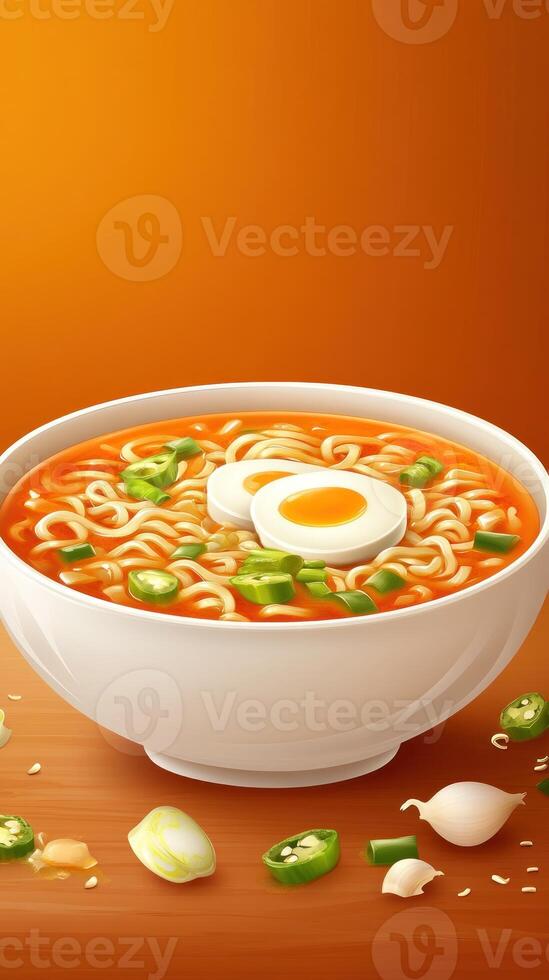 Ramen Bowl Noodle soup with boiled egg and green chilies on a wooden table, orange backdrop photo