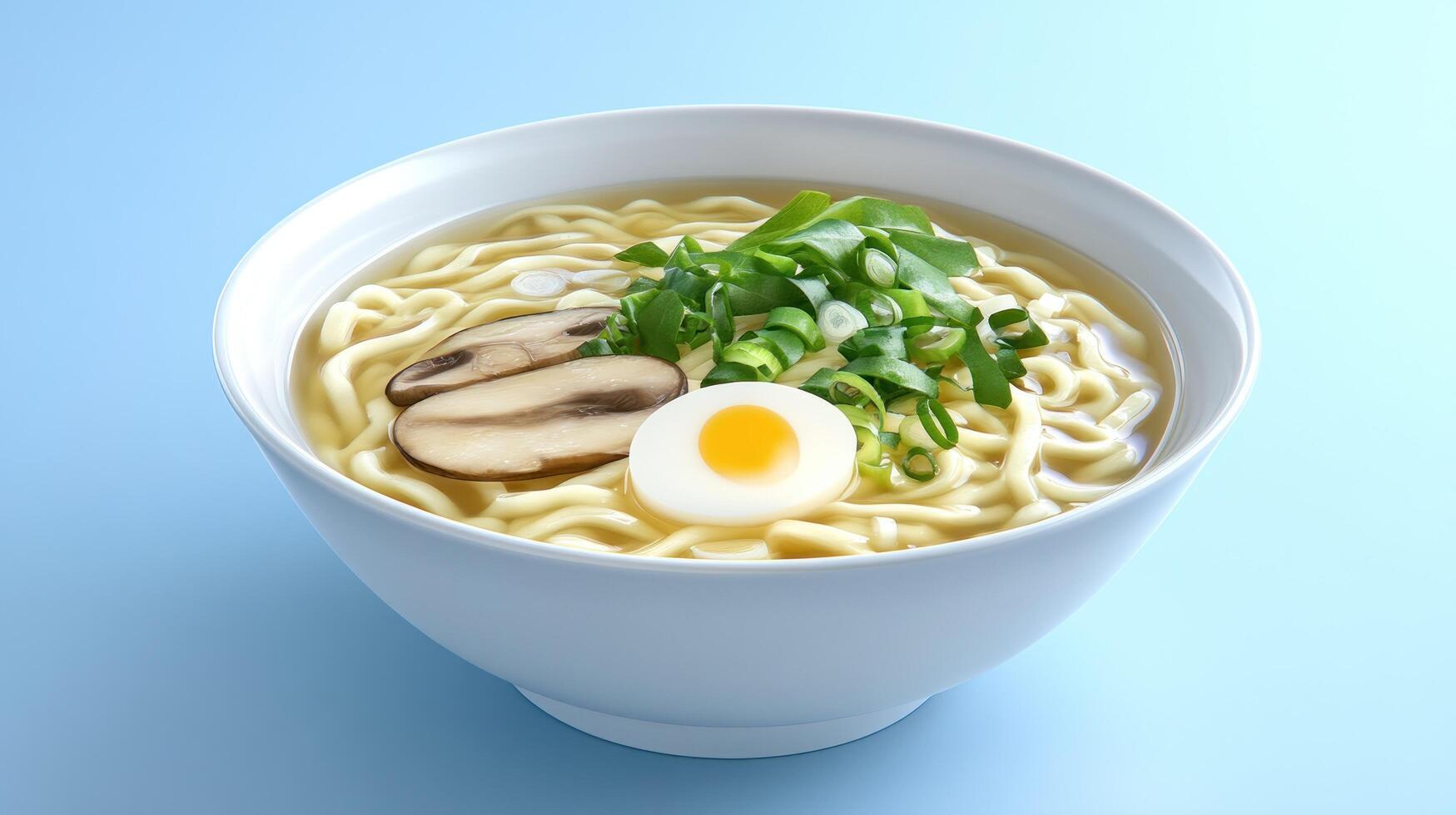 Ramen bowl with egg and mushrooms on a blue surface for a cooking website or food blog photo