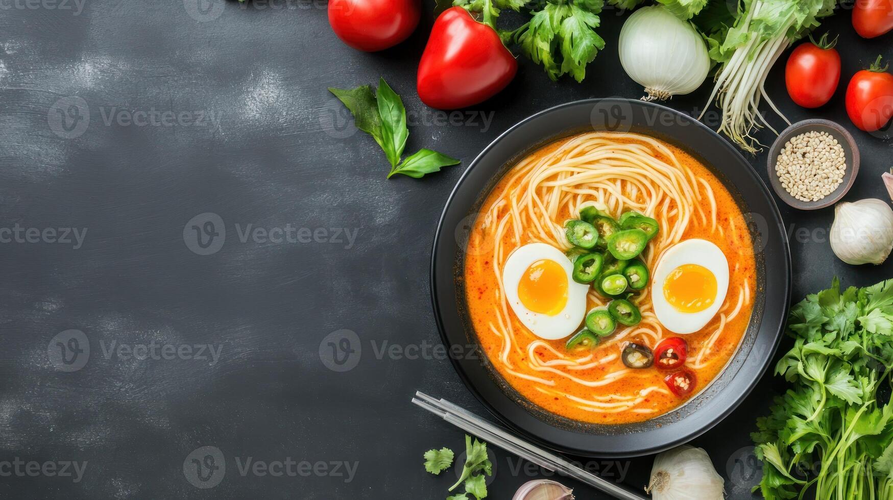 Ramen bowl served with egg, herbs and vegetables on a black background, healthy food concept photo