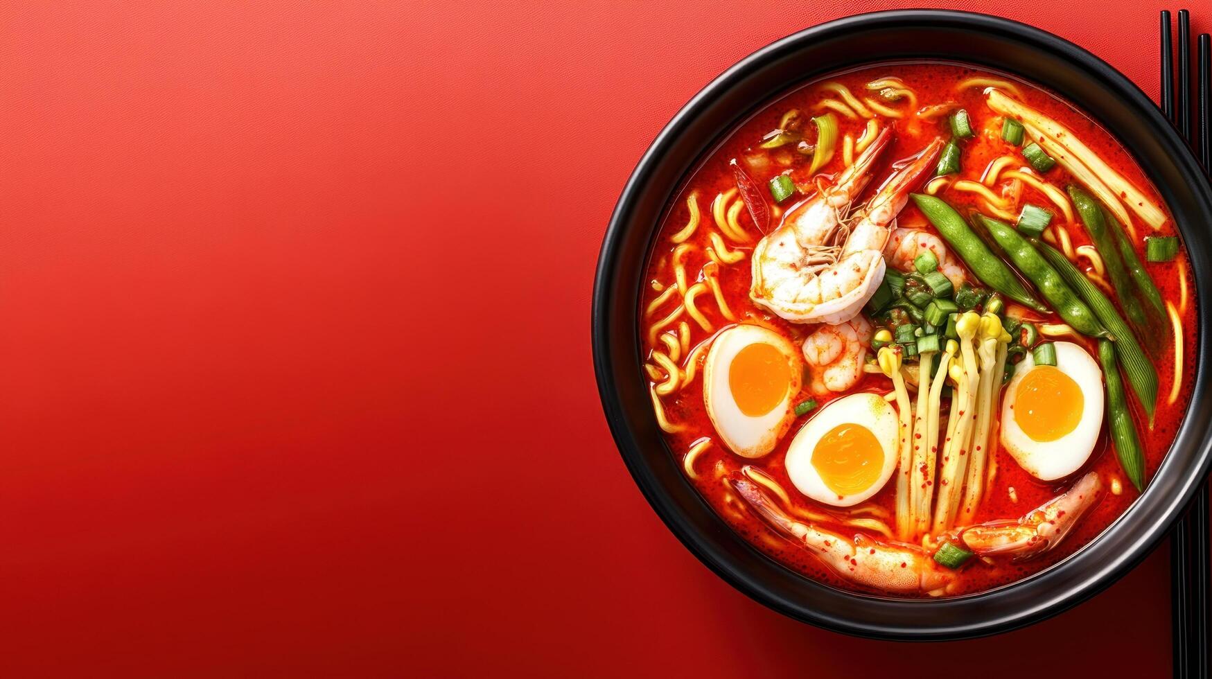 Ramen bowl, tasty noodles with egg, shrimp, veg on red backdrop. Food photography, advert photo