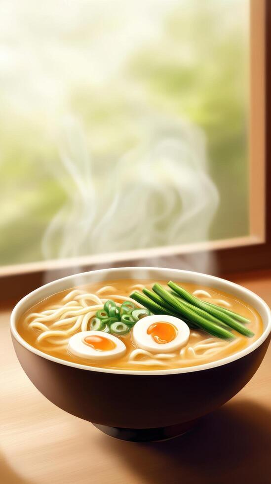 Ramen bowl with eggs and chives sits in front of a steamy window. Food blog image photo