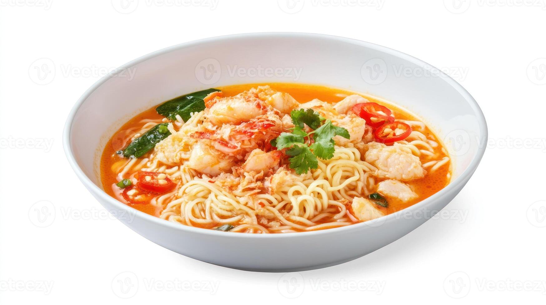 Ramen with Shrimp and Chicken in Bowl, Hot Pepper and Herbs on Top, Isolated Background for Restaurant photo