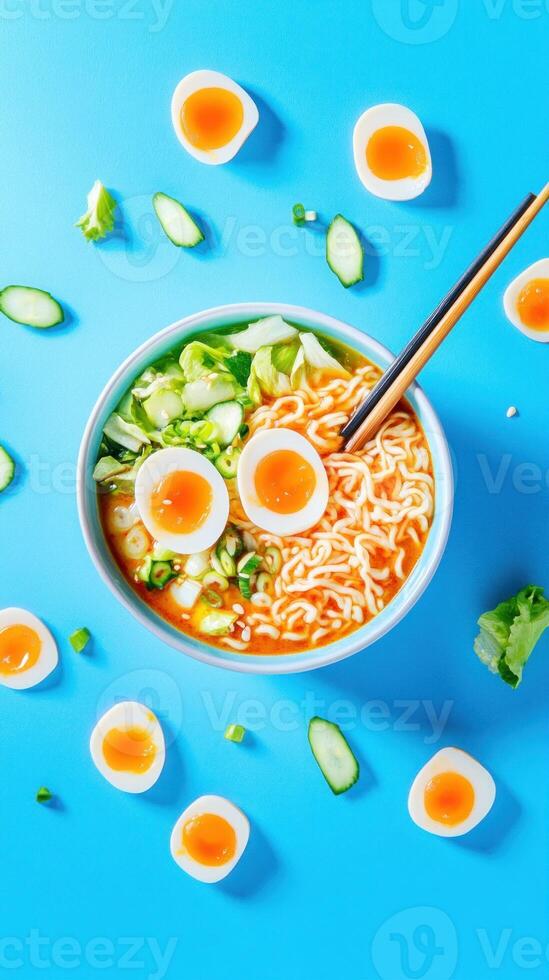 Ramen bowl with sliced egg and greens on blue surface for a food blog or cooking course image photo