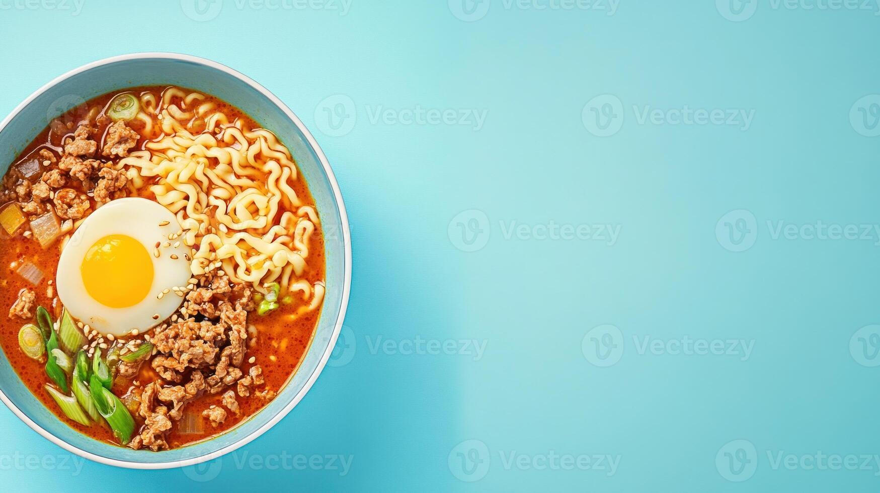 Ramen with egg. Noodle soup with beef and vegetables. Ready to eat. Menu and cookbooks photo