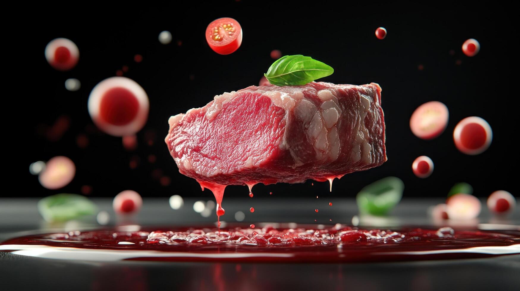 Raw beef steak levitates with basil, cherry tomatoes, over red sauce. Food photography project photo
