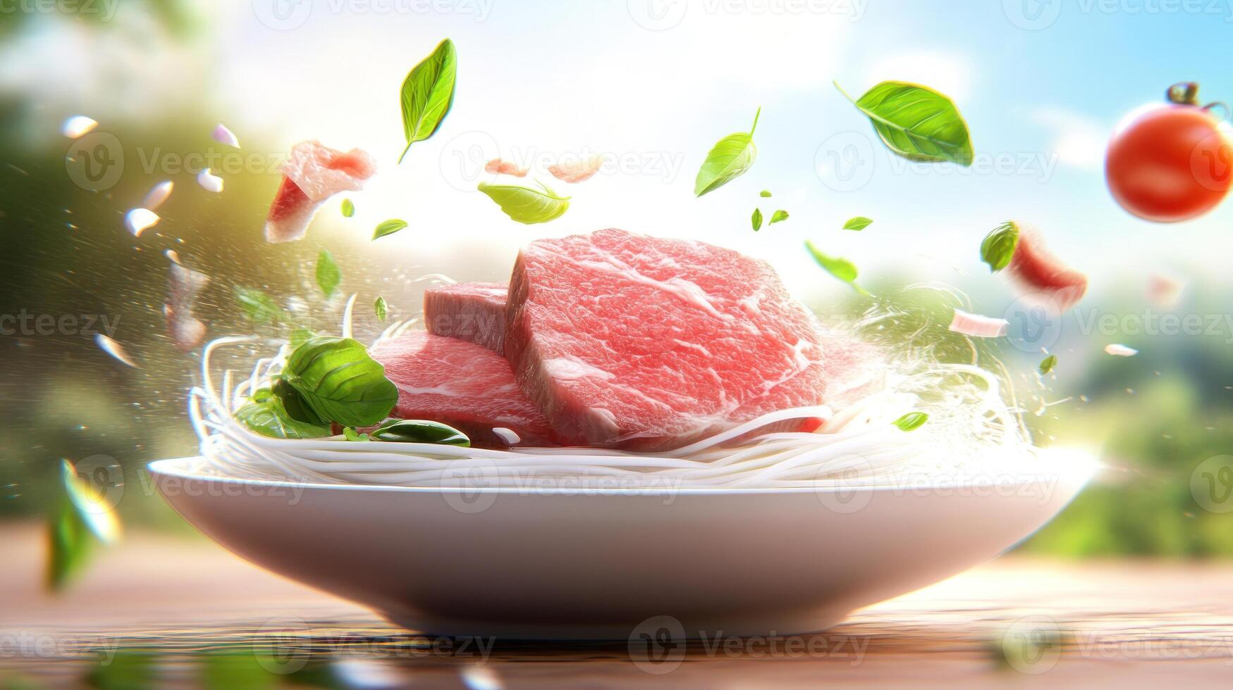 Raw beef on noodles being prepared outdoors, with tomatoes and basil, for food presentation or menu photo