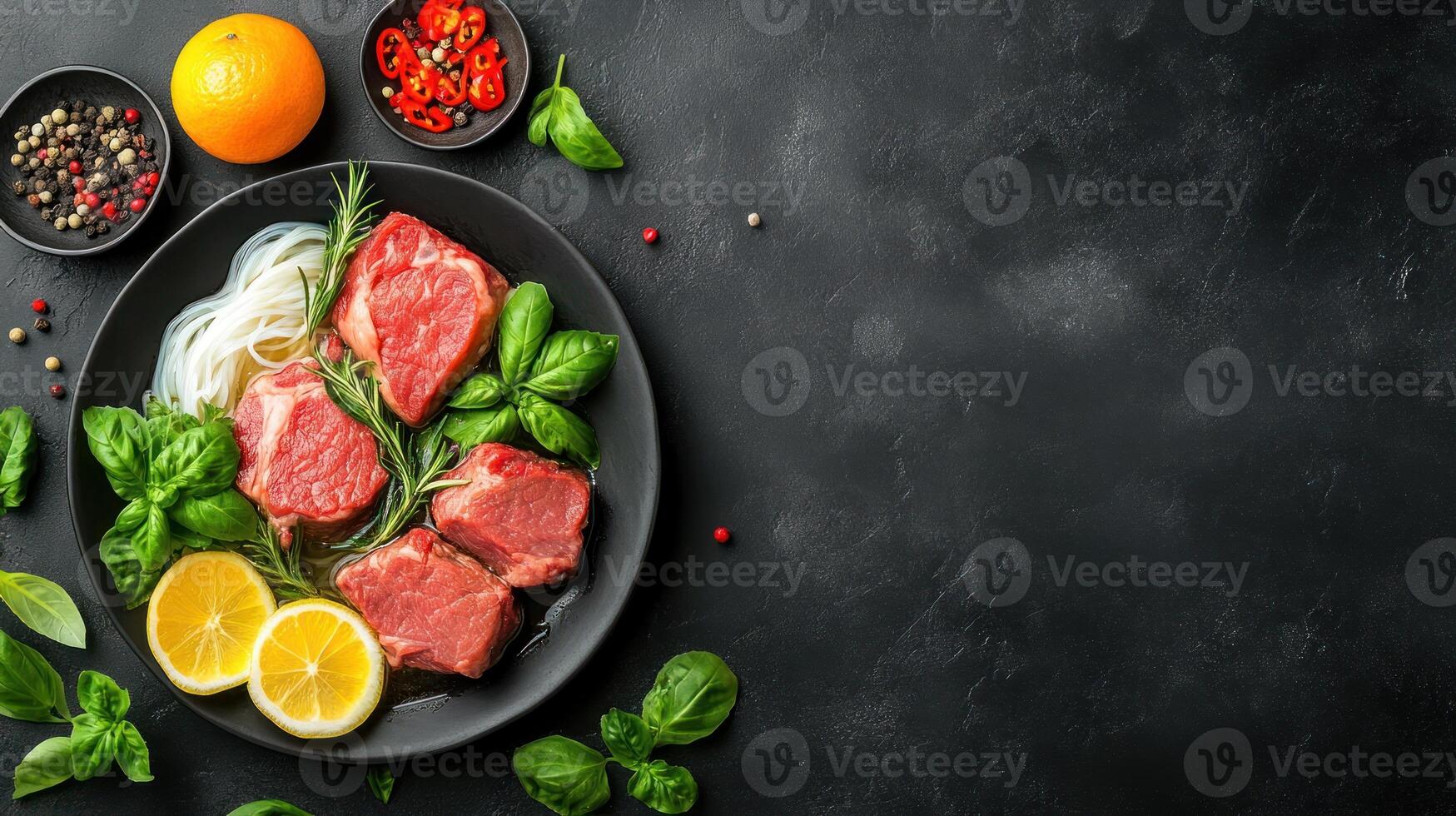 Raw steak, noodles with herbs and lemon. Food background. Preparation for healthy meal photo