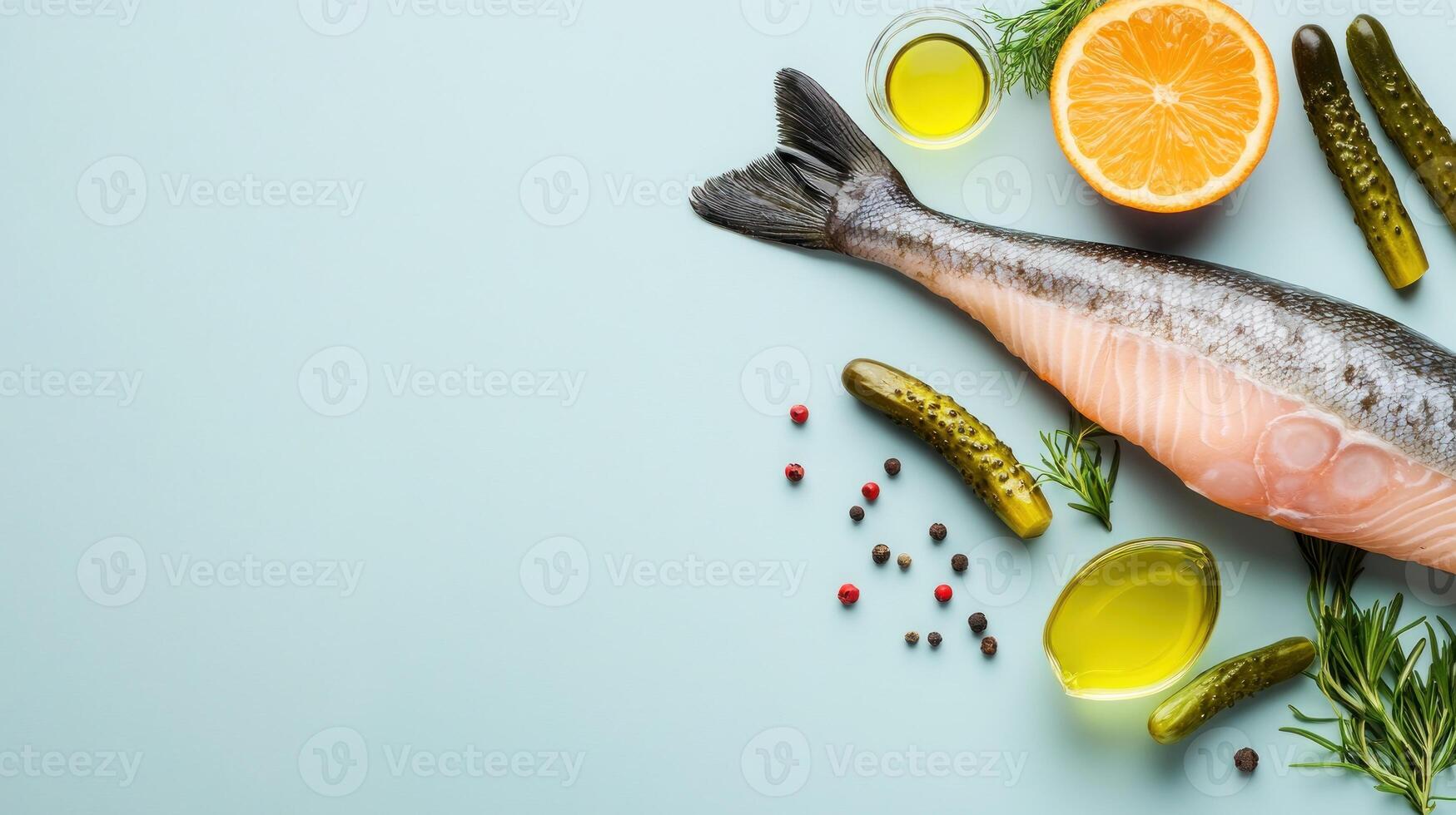 Raw salmon with orange and pickles on a blue surface for preparing a delicious seafood meal photo