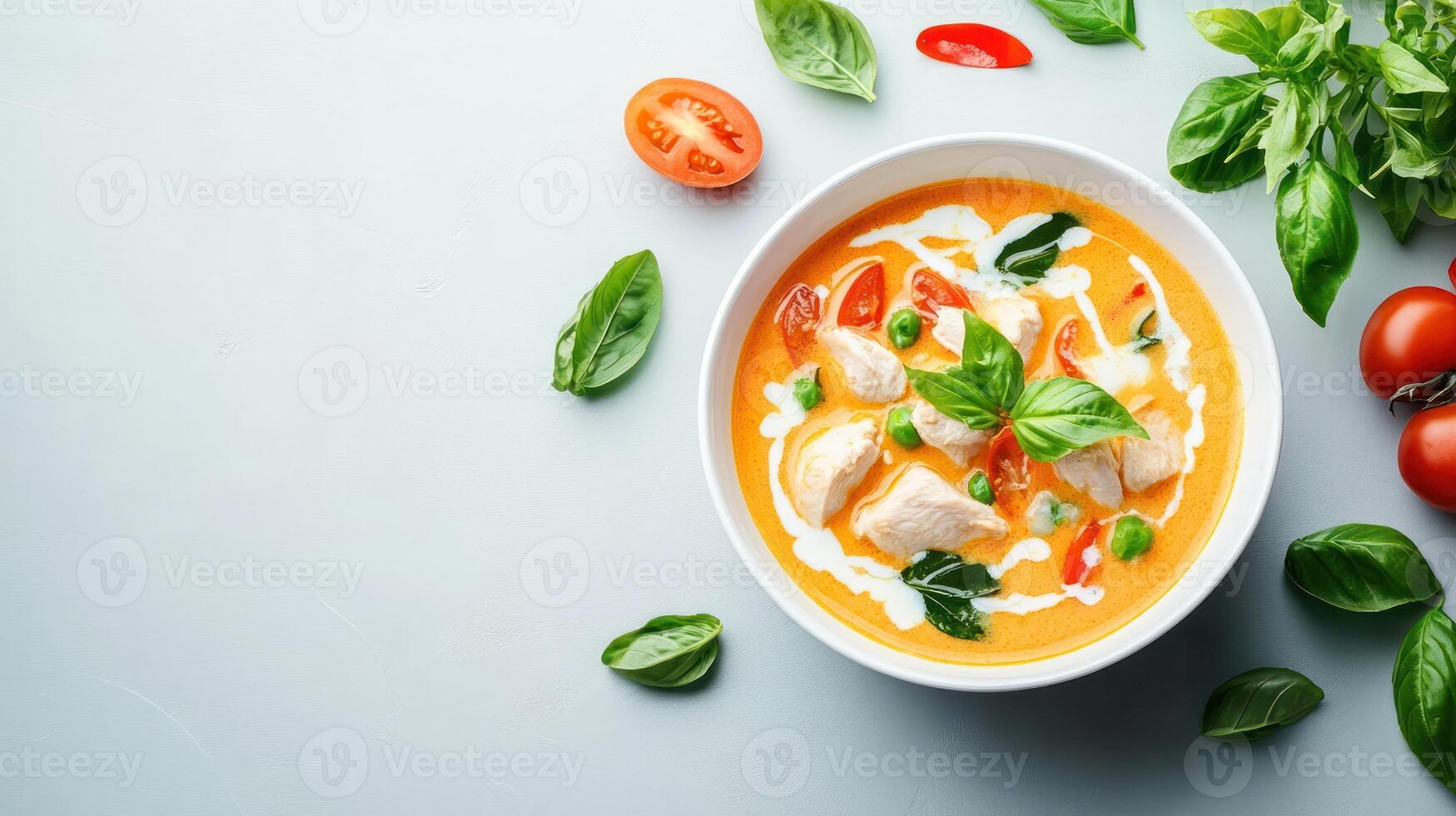 Red curry with chicken and vegetables, in a bowl, on a gray background for restaurant menu photo