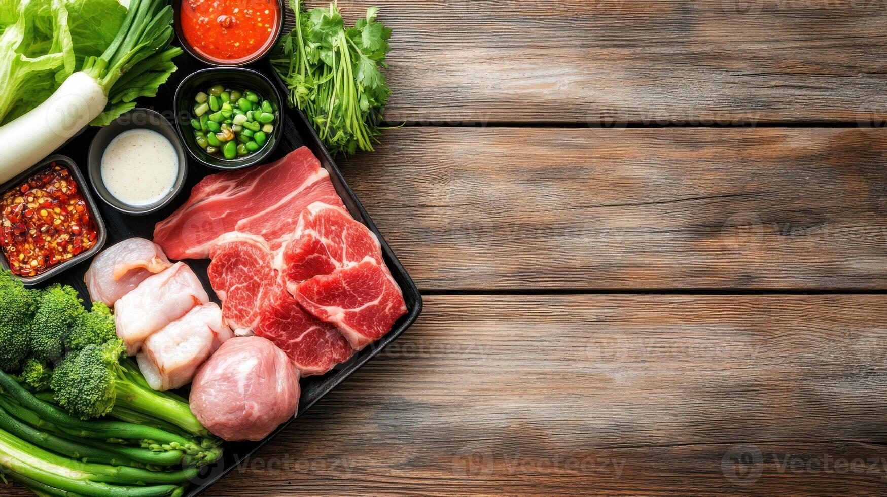 Raw meat with veggies and sauces prepared on a black plate for cooking on a wooden background photo