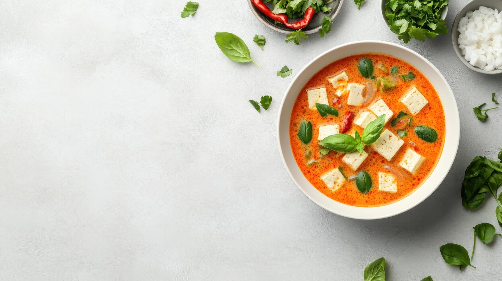 Red curry with tofu and basil on a white table with rice food blog or recipe photo