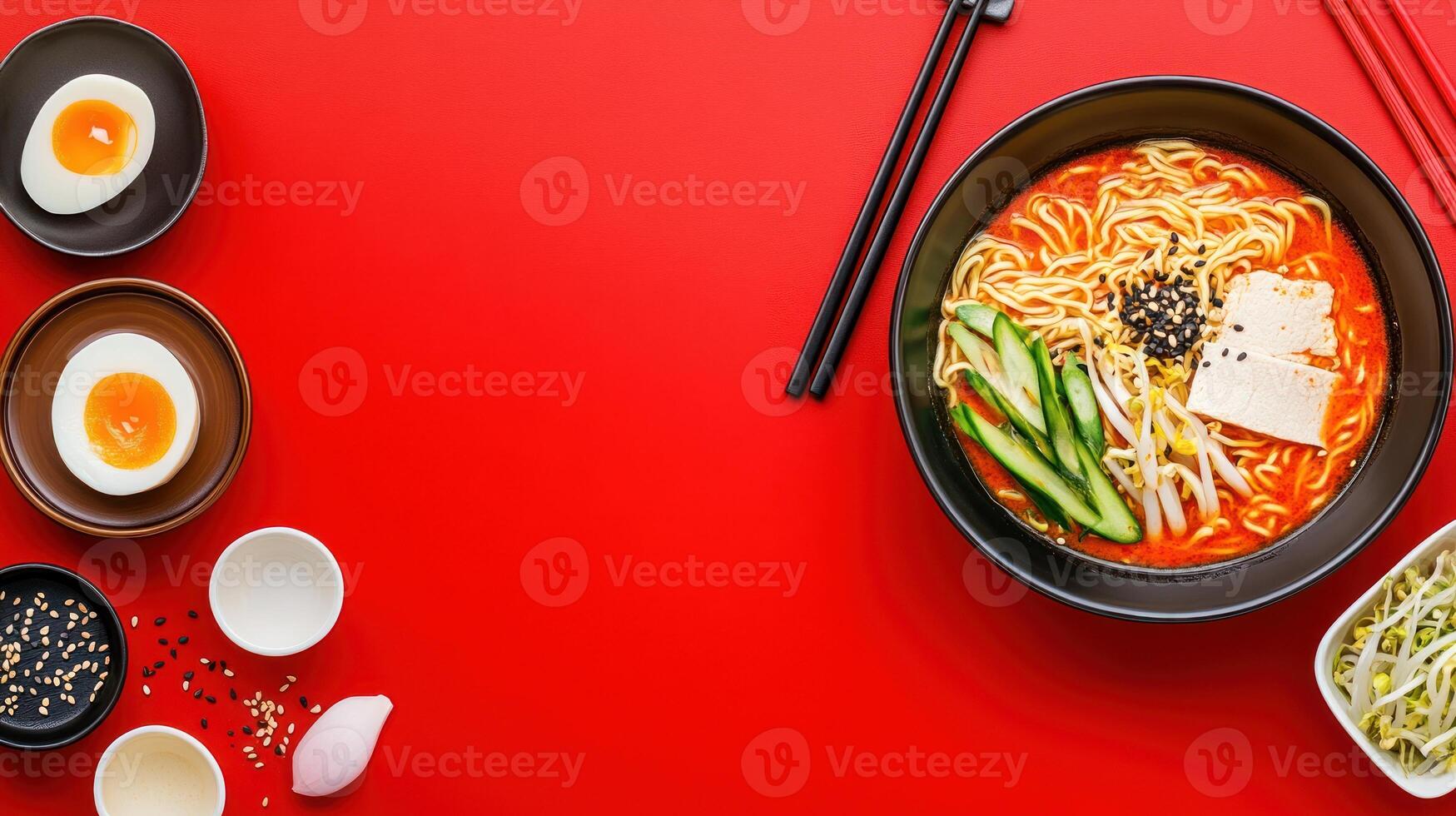 Ramen meal Noodle soup with toppings on a red background for food blog, restaurant menus photo