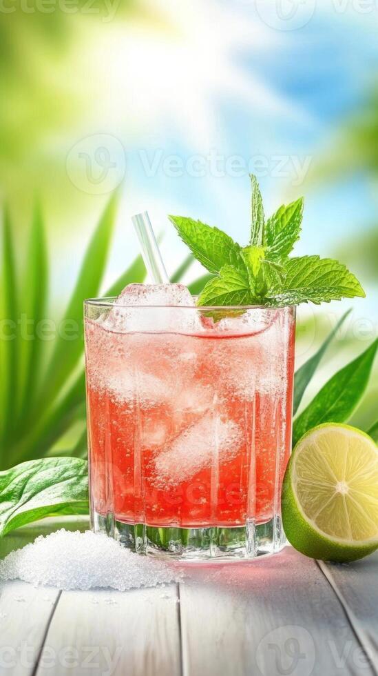 Refreshing cold drink with ice and mint on wooden surface, summer day background photo