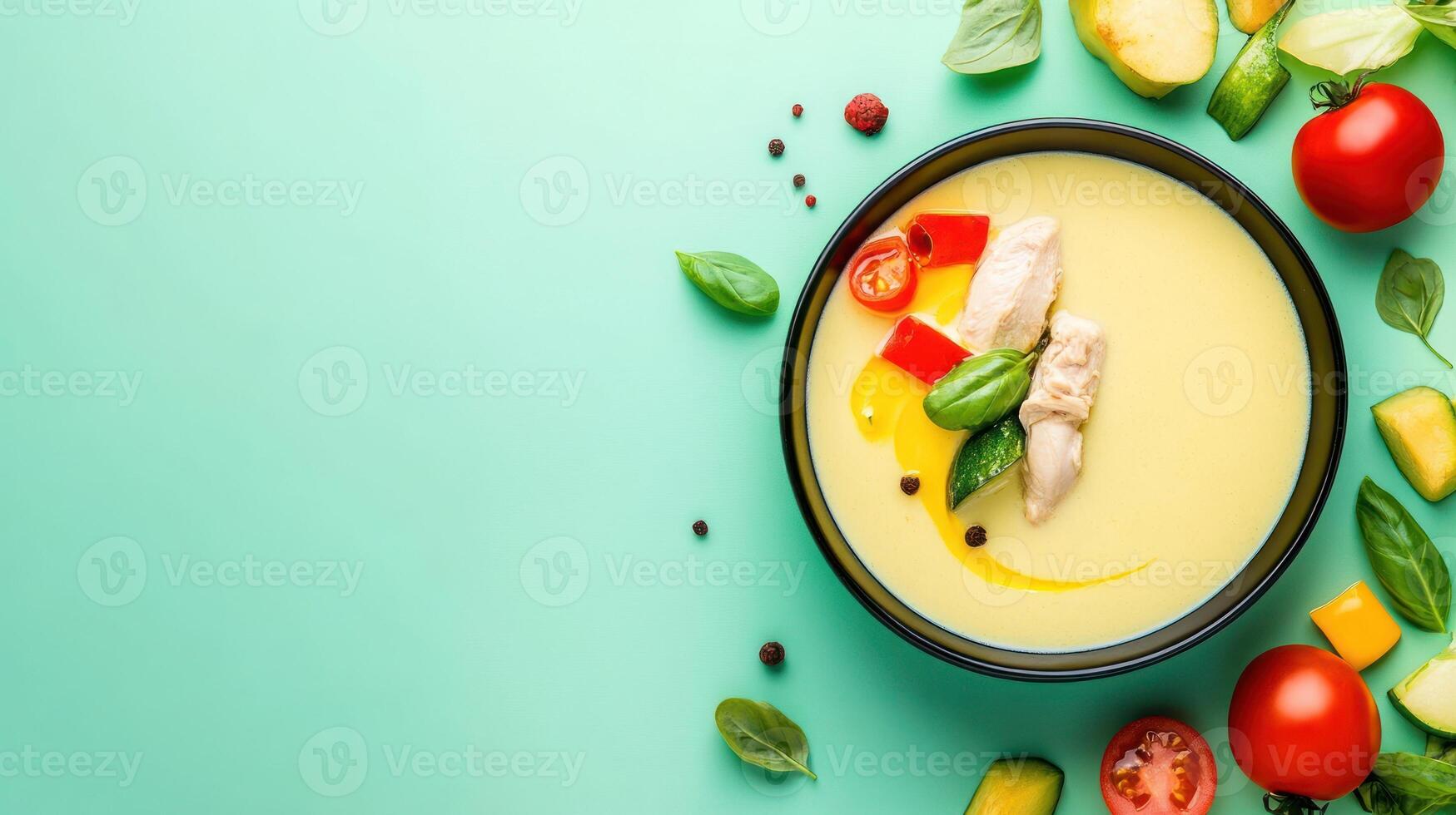 Refreshing cold soup with chicken and veggies on a green background for meal planning photo