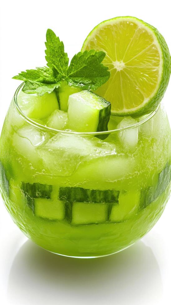 Refreshing cucumber lime drink. Summer cocktail with ice, mint. For recipe blog photo
