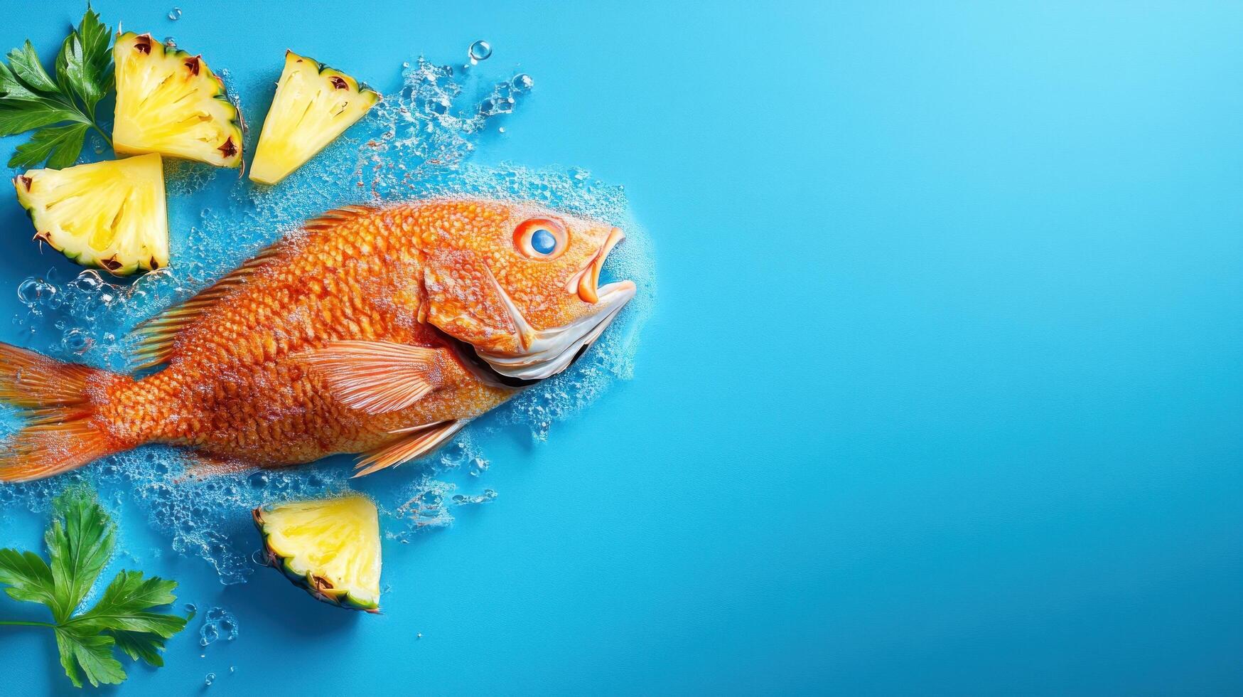 Red fish splashes with pineapples on a blue background. Food advertising, menu idea photo