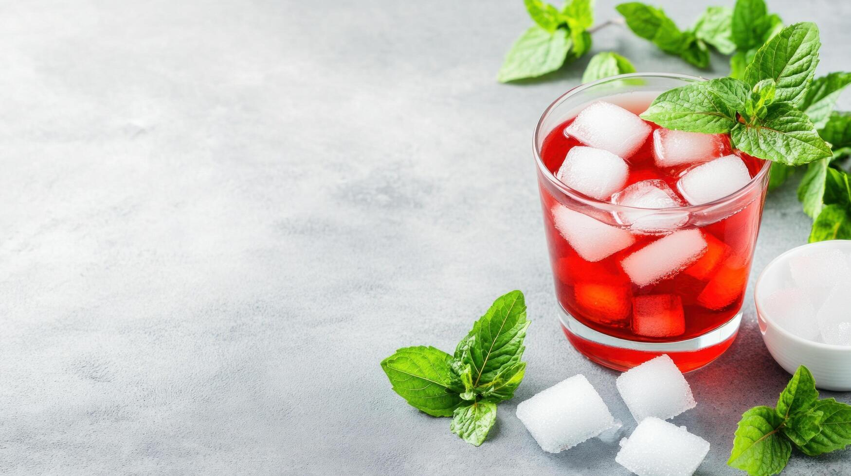 Refreshing drink red liquid, ice, mint garnish on a table. Summer beverage concept photo