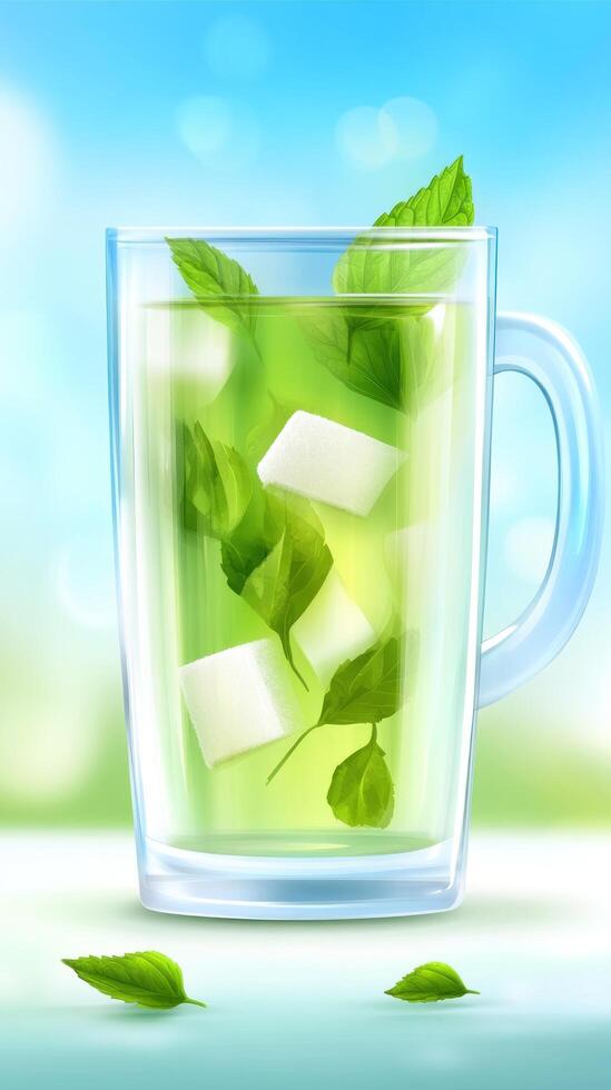 Refreshing drink with ice, mint leaves against a blurred sky background, use for beverage promotion photo