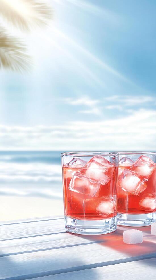 Refreshing drinks on table overlooking beach. Tropical summer scene ideal for vacation ads photo